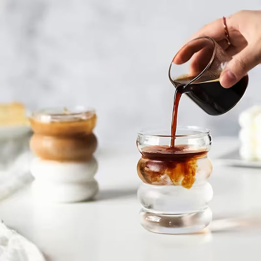 Ripple Glass Coffee Cups with Straws (350ml) – Aesthetic Vintage Drinkware Set (2/4/6pcs)