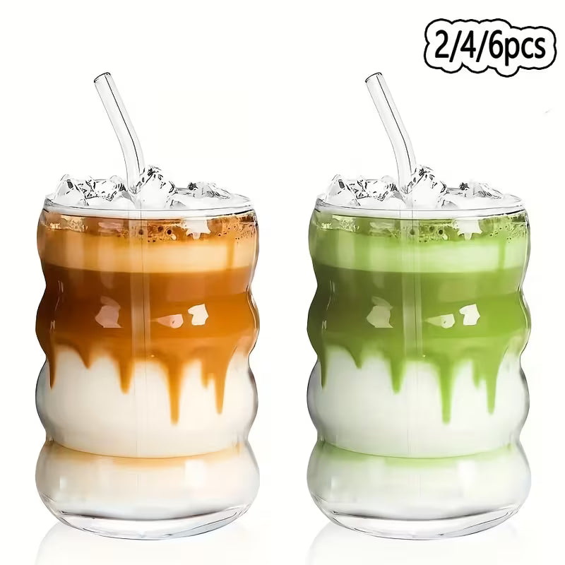 Ripple Glass Coffee Cups with Straws (350ml) – Aesthetic Vintage Drinkware Set (2/4/6pcs)
