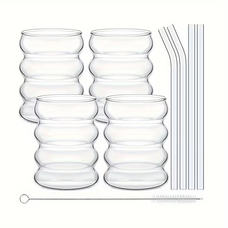 Ripple Glass Coffee Cups with Straws (350ml) – Aesthetic Vintage Drinkware Set (2/4/6pcs)