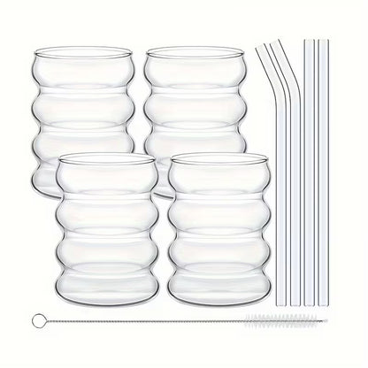Ripple Glass Coffee Cups with Straws (350ml) – Aesthetic Vintage Drinkware Set (2/4/6pcs)