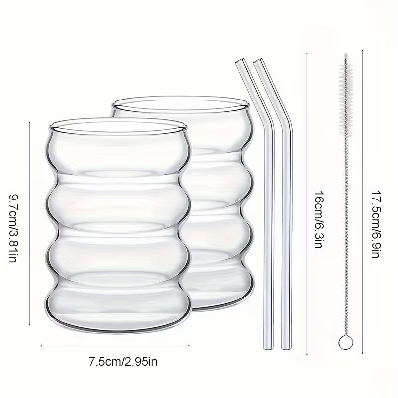 Ripple Glass Coffee Cups with Straws (350ml) – Aesthetic Vintage Drinkware Set (2/4/6pcs)