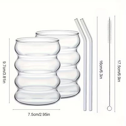 Ripple Glass Coffee Cups with Straws (350ml) – Aesthetic Vintage Drinkware Set (2/4/6pcs)