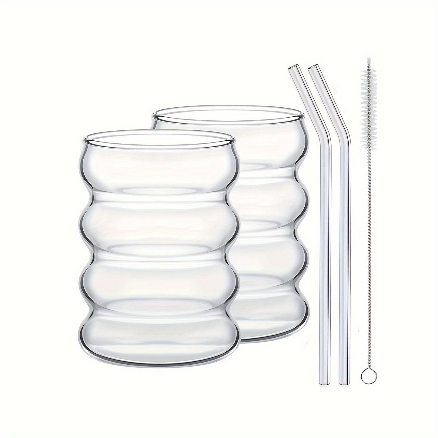 Ripple Glass Coffee Cups with Straws (350ml) – Aesthetic Vintage Drinkware Set (2/4/6pcs)