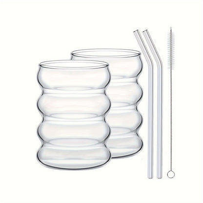 Ripple Glass Coffee Cups with Straws (350ml) – Aesthetic Vintage Drinkware Set (2/4/6pcs)