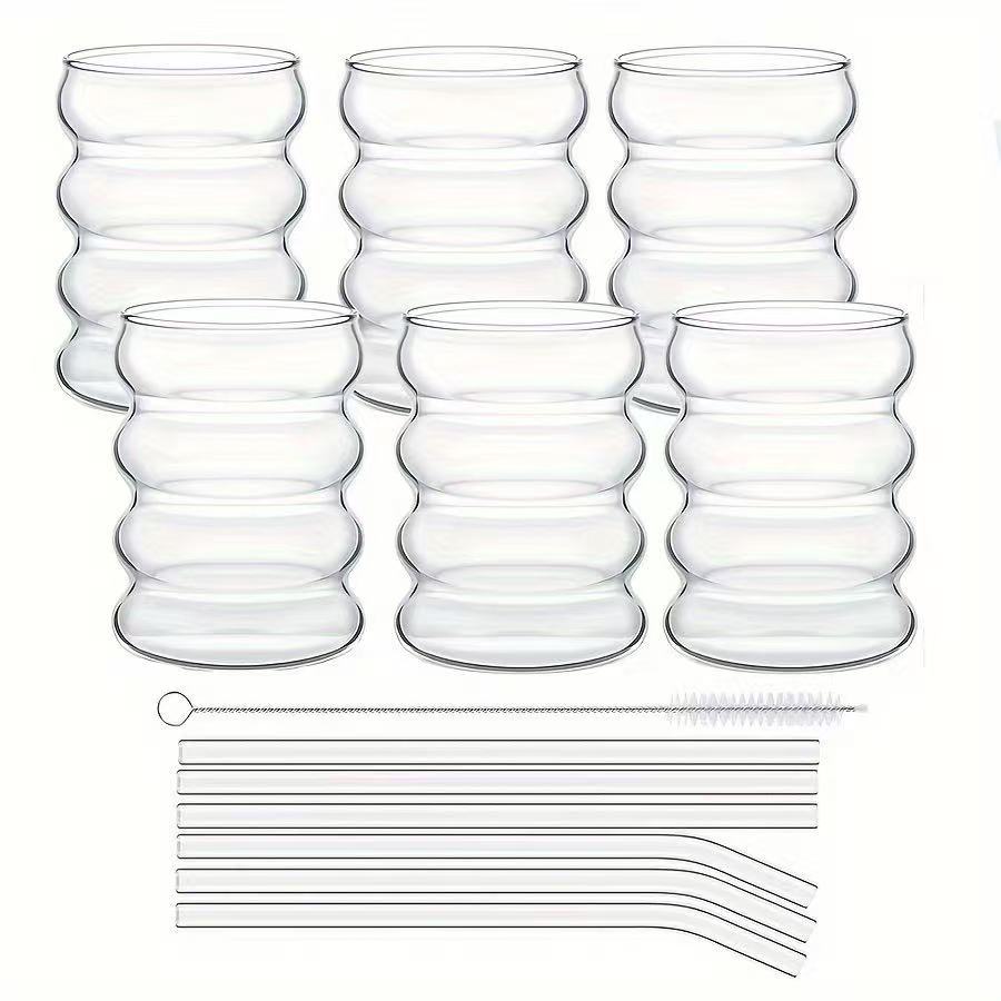 Ripple Glass Coffee Cups with Straws (350ml) – Aesthetic Vintage Drinkware Set (2/4/6pcs)