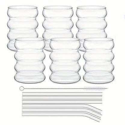 Ripple Glass Coffee Cups with Straws (350ml) – Aesthetic Vintage Drinkware Set (2/4/6pcs)